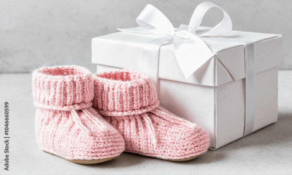 Pink knitted baby booties next to a white gift box Pink knitted baby booties next to a white gift box