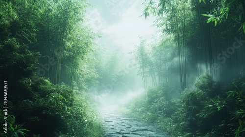 A misty morning in a bamboo forest.