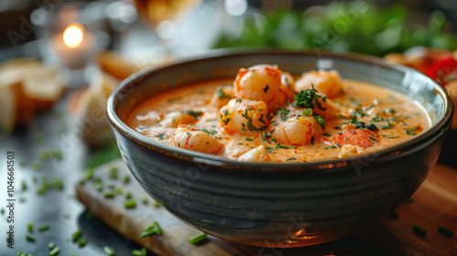 In an upscale French restaurant, creamy lobster soup in a stylish bowl with lobster chunks and herbs, served with crispy croutons, set against elegant table decor and ambient lighting. photo