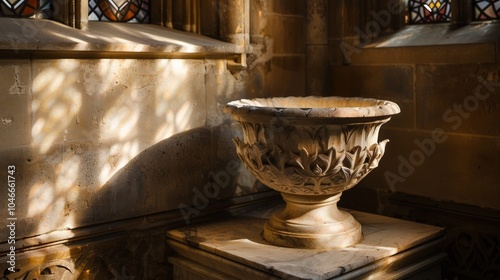 Baptismal Font in Morning Light, A serene church scene featuring a softly illuminated baptismal font and an urn, creating tranquil shadows in a sacred space.