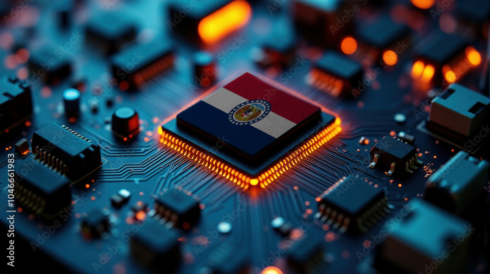 A microprocessor with the Missouri flag is embedded on a circuit board, highlighted by glowing lights, showcasing influence in global semiconductor and computing technology. A microprocessor with the Missouri flag is embedded on a circuit board, highlighted by glowing lights, showcasing influence in global semiconductor and computing technology.