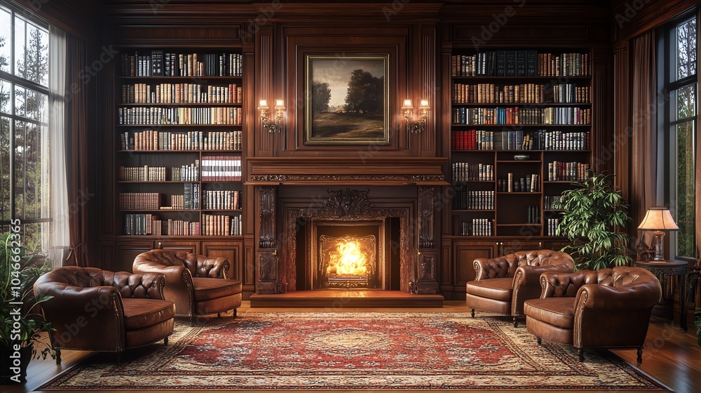 Cozy library with armchairs and fireplace