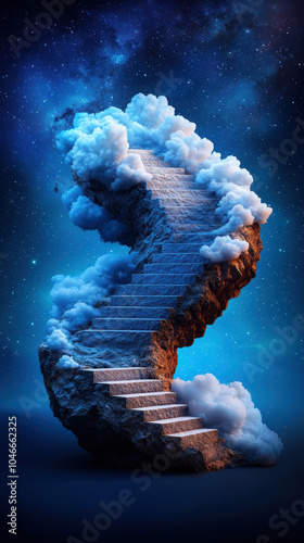 surreal staircase leading into infinite dimensions, surrounded by clouds and starry sky, evokes sense of wonder and exploration