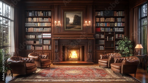 Obraz na płótnie Cozy library with armchairs and fireplace w salonie