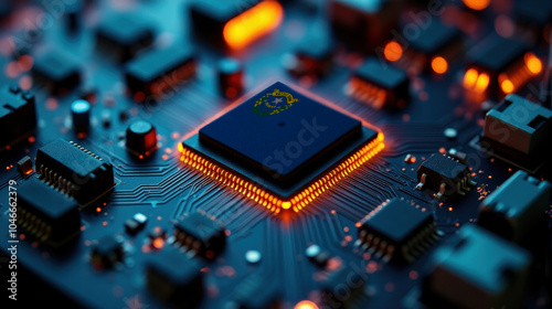 A microprocessor with the Nevada flag is embedded on a circuit board, highlighted by glowing lights, showcasing influence in global semiconductor and computing technology.