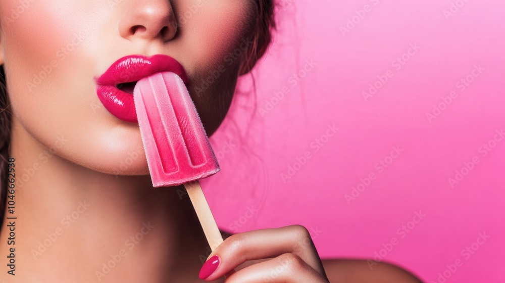 The young woman playfully licks a pink popsicle, savoring its flavor while posing in front of a bright pink background. Generative AI The young woman playfully licks a pink popsicle, savoring its flavor while posing in front of a bright pink background. Generative AI