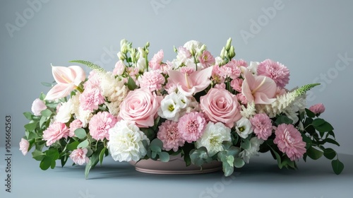 A bouquet of pink and white flowers, neatly arranged on a table, offers a soft and charming centerpiece, perfect for a serene setting.