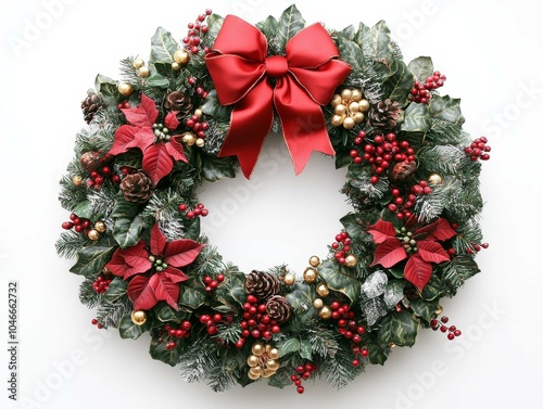 Festive holiday wreath adorned with red bows, pinecones, and berries hanging against a white wall