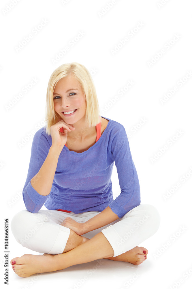 Relax, thinking and portrait of woman in studio for smile, confidence and reflection. Memory, happiness and idea with person sitting on white background for decision, calm and positive mindset Relax, thinking and portrait of woman in studio for smile, confidence and reflection. Memory, happiness and idea with person sitting on white background for decision, calm and positive mindset