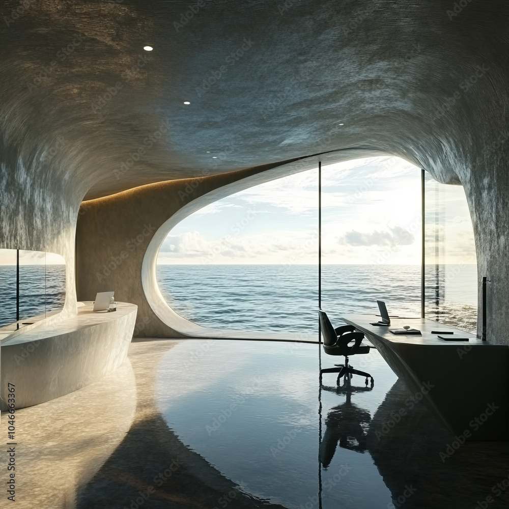 Modern office by the sea: sunlit terrace, wooden table, luxury chair, fresh coffee, and ocean views for a perfect summer break. Modern office by the sea: sunlit terrace, wooden table, luxury chair, fresh coffee, and ocean views for a perfect summer break.