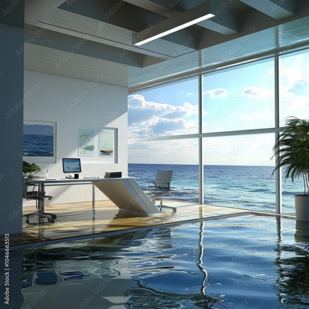 Modern office by the sea: sunlit terrace, wooden table, luxury chair, fresh coffee, and ocean views for a perfect summer break. Modern office by the sea: sunlit terrace, wooden table, luxury chair, fresh coffee, and ocean views for a perfect summer break.
