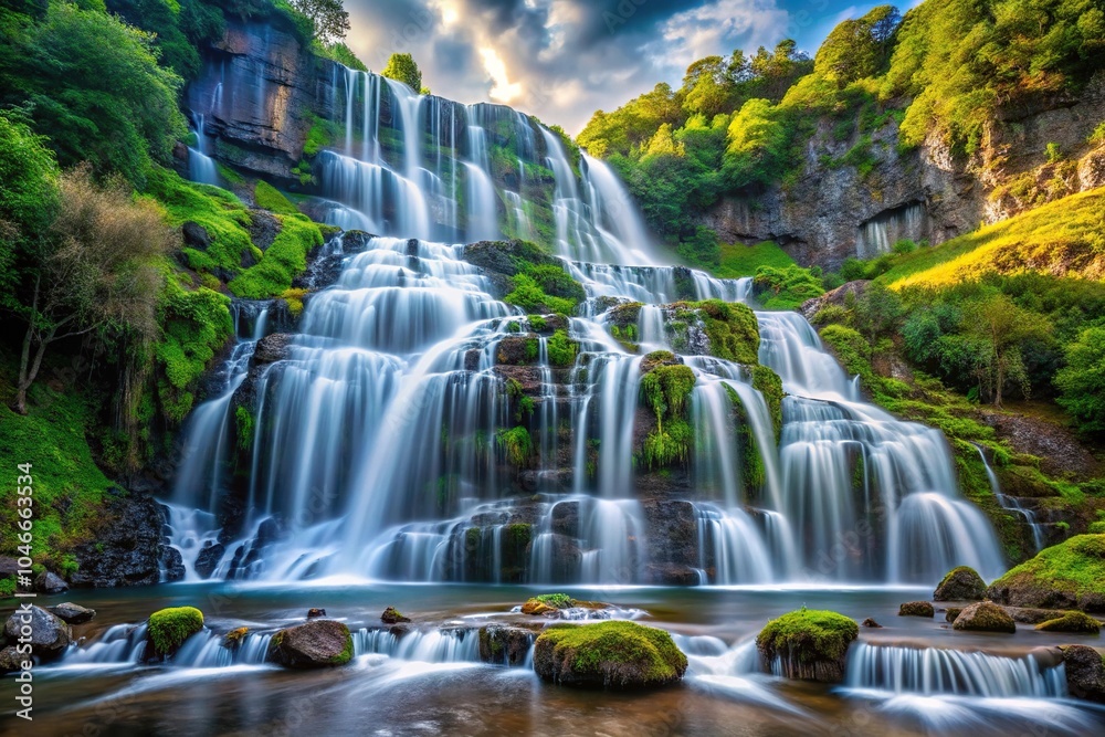 Fototapeta premium surreal cascading waterfall amidst mountainous scenery