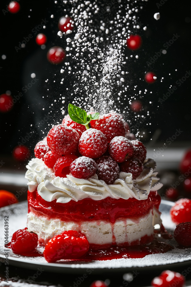 A cake with raspberries and whipped cream on top of it A cake with raspberries and whipped cream on top of it