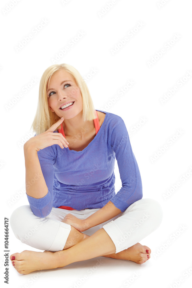 Happy woman, thinking and idea with thought for choice, selection or decision on a white studio background. Young, female person or blonde model in wonder or ponder with smile for dream or ambition Happy woman, thinking and idea with thought for choice, selection or decision on a white studio background. Young, female person or blonde model in wonder or ponder with smile for dream or ambition
