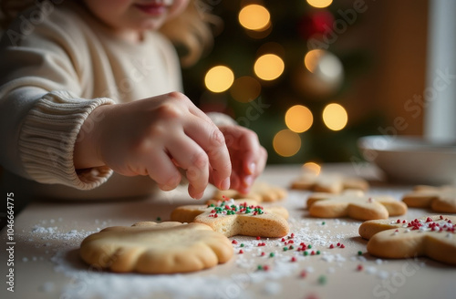Child decorating Christmas cookies with colorful sprinkles on a table