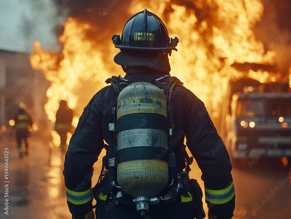 Naklejka premium Firefighter confronts blazing inferno at industrial facility during nighttime rescue operations