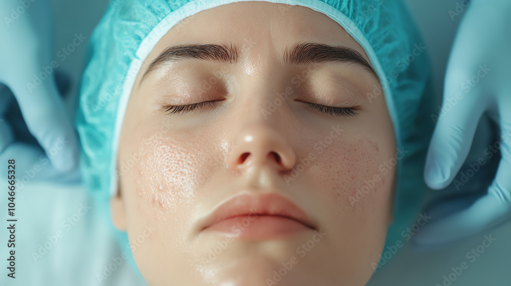 A serene close-up of a woman's face during a beauty treatment, highlighting her peaceful expression and clear skin. A serene close-up of a woman's face during a beauty treatment, highlighting her peaceful expression and clear skin.