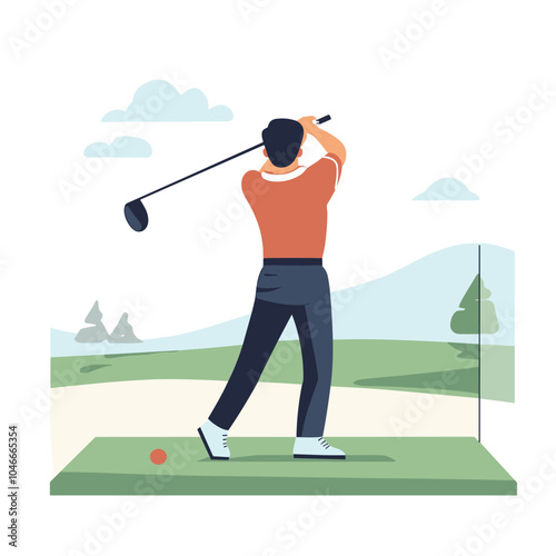 A man practicing his golf swing at a driving range