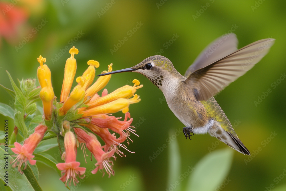 A tiny hummingbird, wings blurred in motion, hovering next to a vibrant flower, sipping nectar, symbolizing the delicate beauty of nature A tiny hummingbird, wings blurred in motion, hovering next to a vibrant flower, sipping nectar, symbolizing the delicate beauty of nature