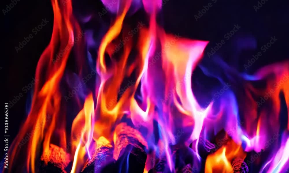 colorful burning fire flames on dark background