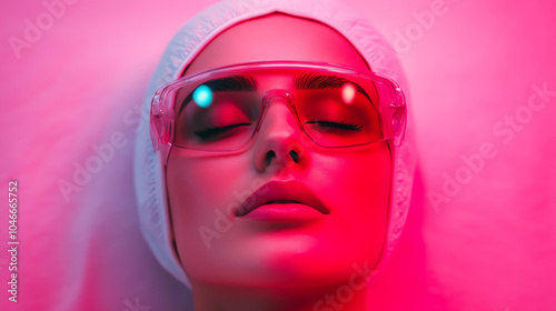 A serene woman relaxing with closed eyes, adorned with stylish glasses, showcasing a calming pink light ambiance, perfect for wellness or beauty themes.