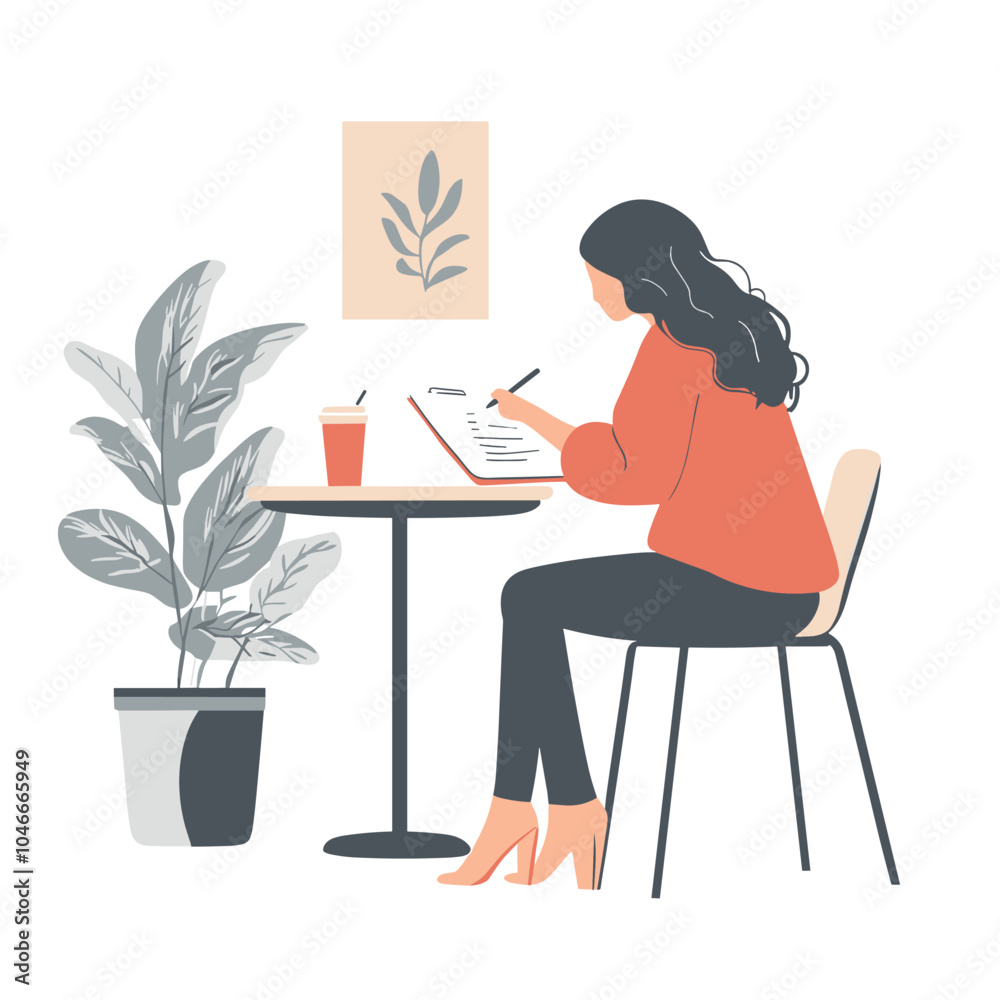 A woman writing in a journal at a café A woman writing in a journal at a café