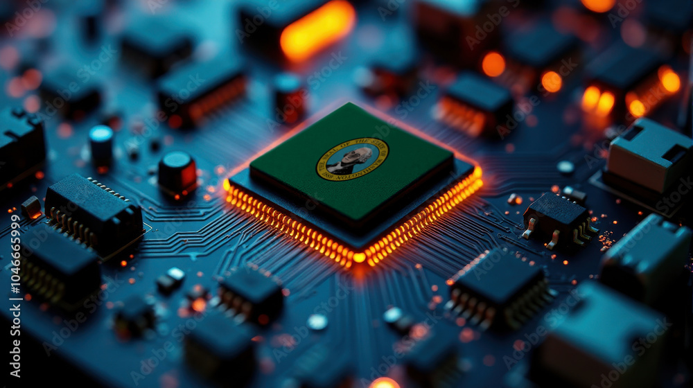 A microprocessor with the Washington flag is embedded on a circuit board, highlighted by glowing lights, showcasing influence in global semiconductor and computing technology. A microprocessor with the Washington flag is embedded on a circuit board, highlighted by glowing lights, showcasing influence in global semiconductor and computing technology.