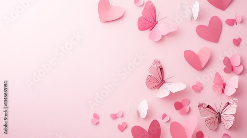 Photo of, Pink background with overlapping hearts and butterflies for design, banner template