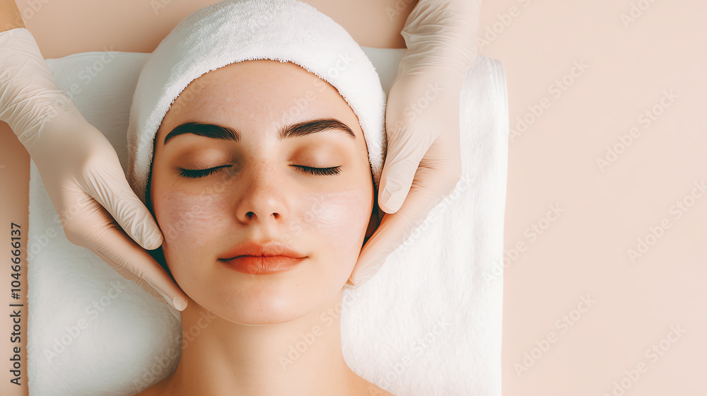 A woman receiving a facial treatment with gentle hands, promoting relaxation and skincare in a serene environment. A woman receiving a facial treatment with gentle hands, promoting relaxation and skincare in a serene environment.