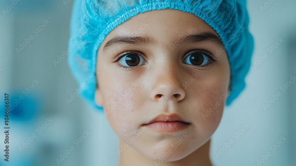 A young child wearing a blue surgical cap, gazing seriously at the camera, portraying innocence and curiosity in a medical environment. A young child wearing a blue surgical cap, gazing seriously at the camera, portraying innocence and curiosity in a medical environment.