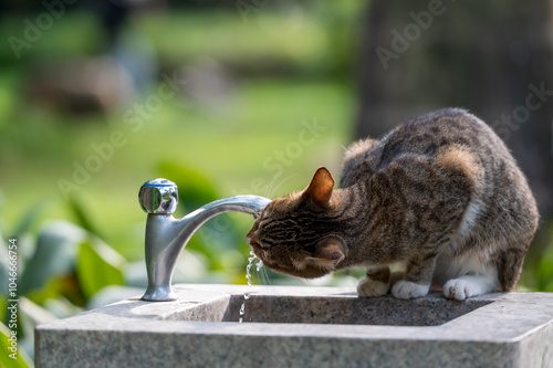 Outdoors, cat drinking from faucet on sink photo