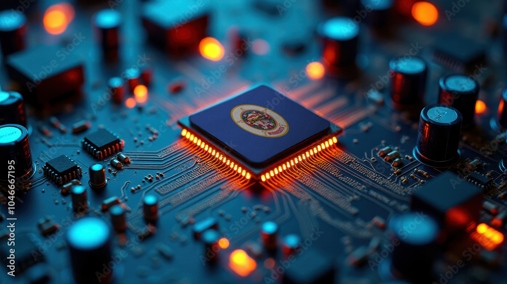 A Minnesota flagged microchip is centered on a circuit board, surrounded by illuminated components, symbolizing role in semiconductor innovation and technology leadership. A Minnesota flagged microchip is centered on a circuit board, surrounded by illuminated components, symbolizing role in semiconductor innovation and technology leadership.