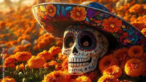 Mexican skeleton with sugar skull makeup and sombrero hat in marigold flowers field. Traditional calaca heads for Day of dead celebration. Dia de los muertos traditional carnival style. S photo