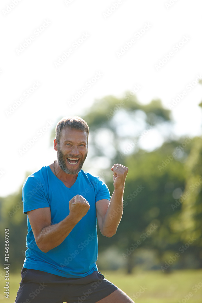 Portrait, outdoor and man with fitness, cheering and victory with achievement, challenge and exercise. Face, person and athlete in park, training and health goals with happiness, joyful and energy Portrait, outdoor and man with fitness, cheering and victory with achievement, challenge and exercise. Face, person and athlete in park, training and health goals with happiness, joyful and energy