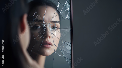A haunting beauty in a fractured reflection revealing deep emotions and vulnerability in a moment of introspection, surrounded by shadows.