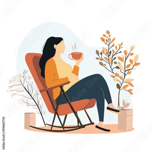 A pregnant woman sitting in a rocking chair, sipping tea