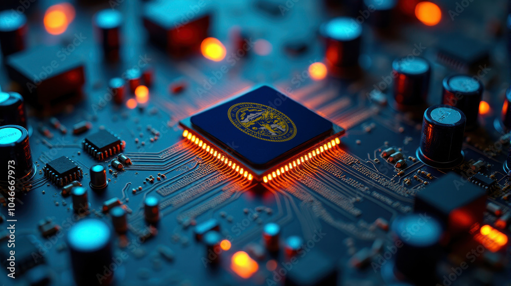 A Nebraska flagged microchip is centered on a circuit board, surrounded by illuminated components, symbolizing role in semiconductor innovation and technology leadership.