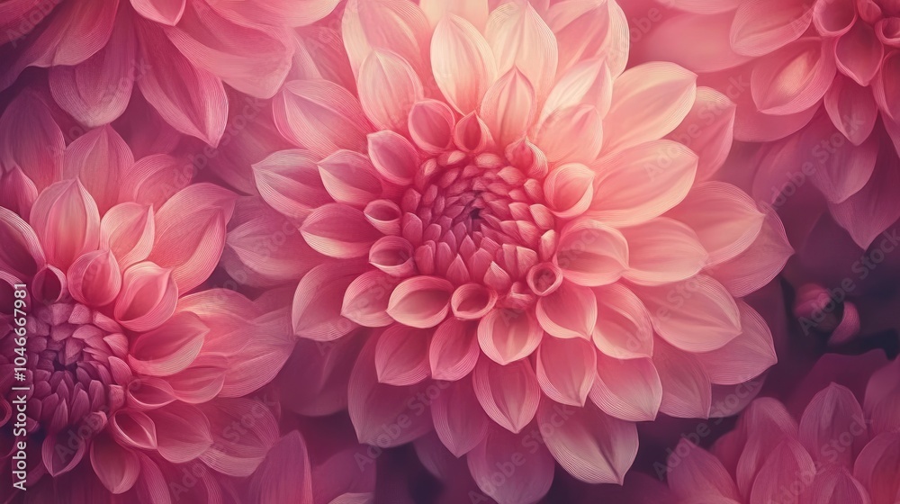 Fototapeta premium A close-up of blooming pink dahlias, their vibrant hues and delicate petals radiating against a shadowy background