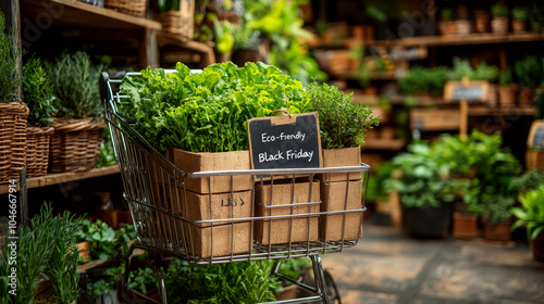 Shopping cart filled with assorted green plants stands in a rustic store setting. Concept of sustainable shopping and eco-friendly practices. For online promotions related to eco-friendly sales photo