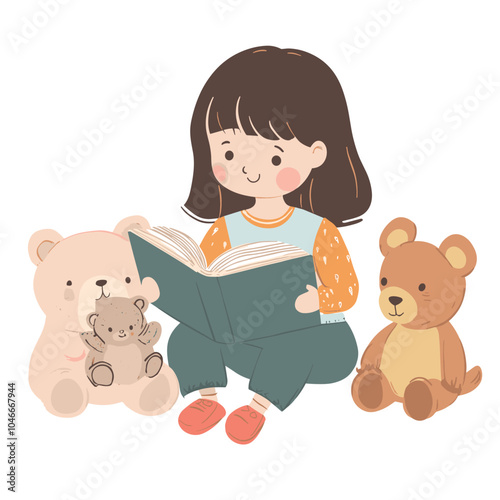 A girl reading a storybook aloud to her stuffed animals