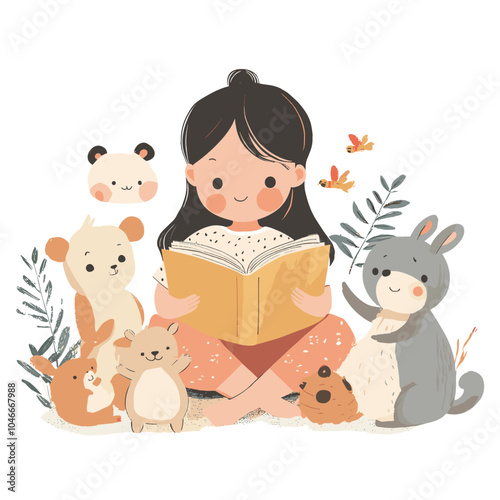 A girl reading a storybook aloud to her stuffed animals