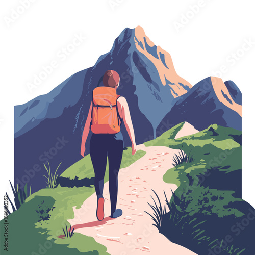 A woman hiking up a mountain trail with a backpack