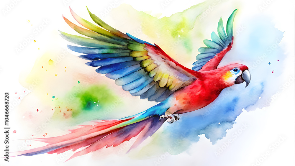 Obraz premium Watercolor Parrot in Flight. Perfect for: Tropical Themes, Bird Watching