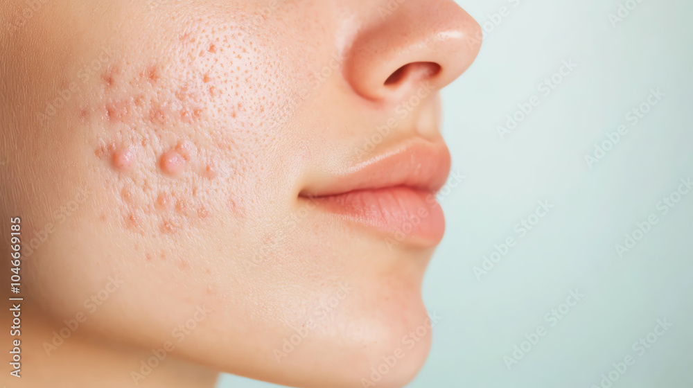Side profile of a young woman with acne on her cheek, showcasing skin texture and imperfections against a soft pastel background. Side profile of a young woman with acne on her cheek, showcasing skin texture and imperfections against a soft pastel background.