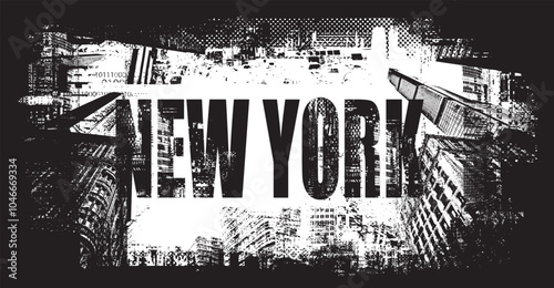 vector inskription in grunge urban street art style on background geometric shapes from elements of big city architecture and cityscape with New York skyscrapers viewed. suitable for logo, t-shirt