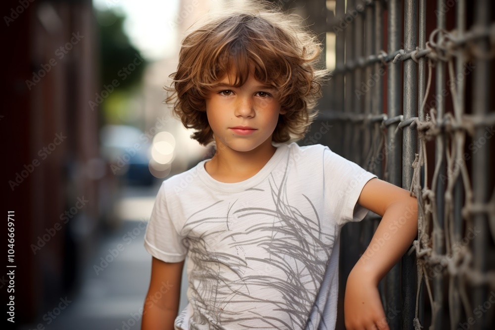 Outdoor portrait of a cute little boy with curly hair looking at camera Outdoor portrait of a cute little boy with curly hair looking at camera