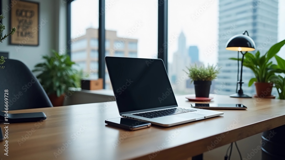 Modern Workspace Setup, sleek desk with a high-end laptop, wireless keyboard, mouse and a smartphone Modern Workspace Setup, sleek desk with a high-end laptop, wireless keyboard, mouse and a smartphone