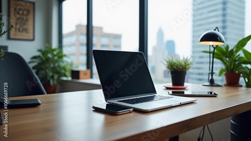 Modern Workspace Setup, sleek desk with a high-end laptop, wireless keyboard, mouse and a smartphone