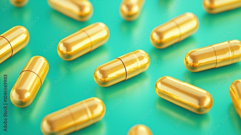 Golden Oil Capsules on Reflective Surface with Gradient Background Golden Oil Capsules on Reflective Surface with Gradient Background