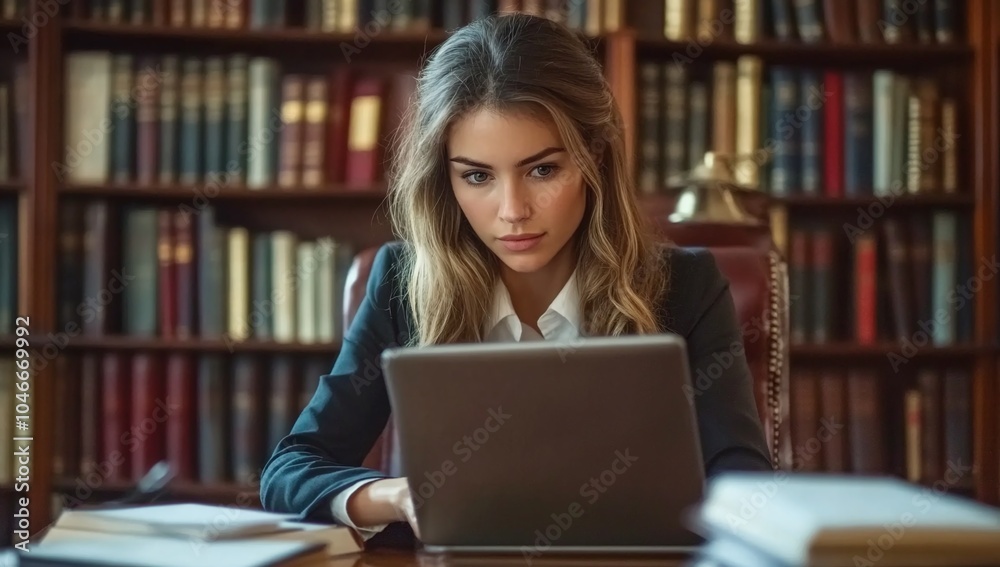 A female employee is working on a laptop in the office, with books behind her and documents around her desk A female employee is working on a laptop in the office, with books behind her and documents around her desk